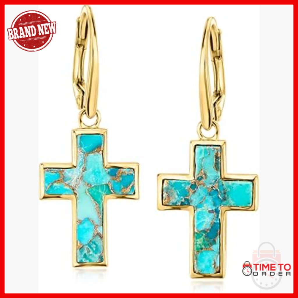 18kt Gold Over Sterling Turquoise Cross Drop Earrings With Lever Back
